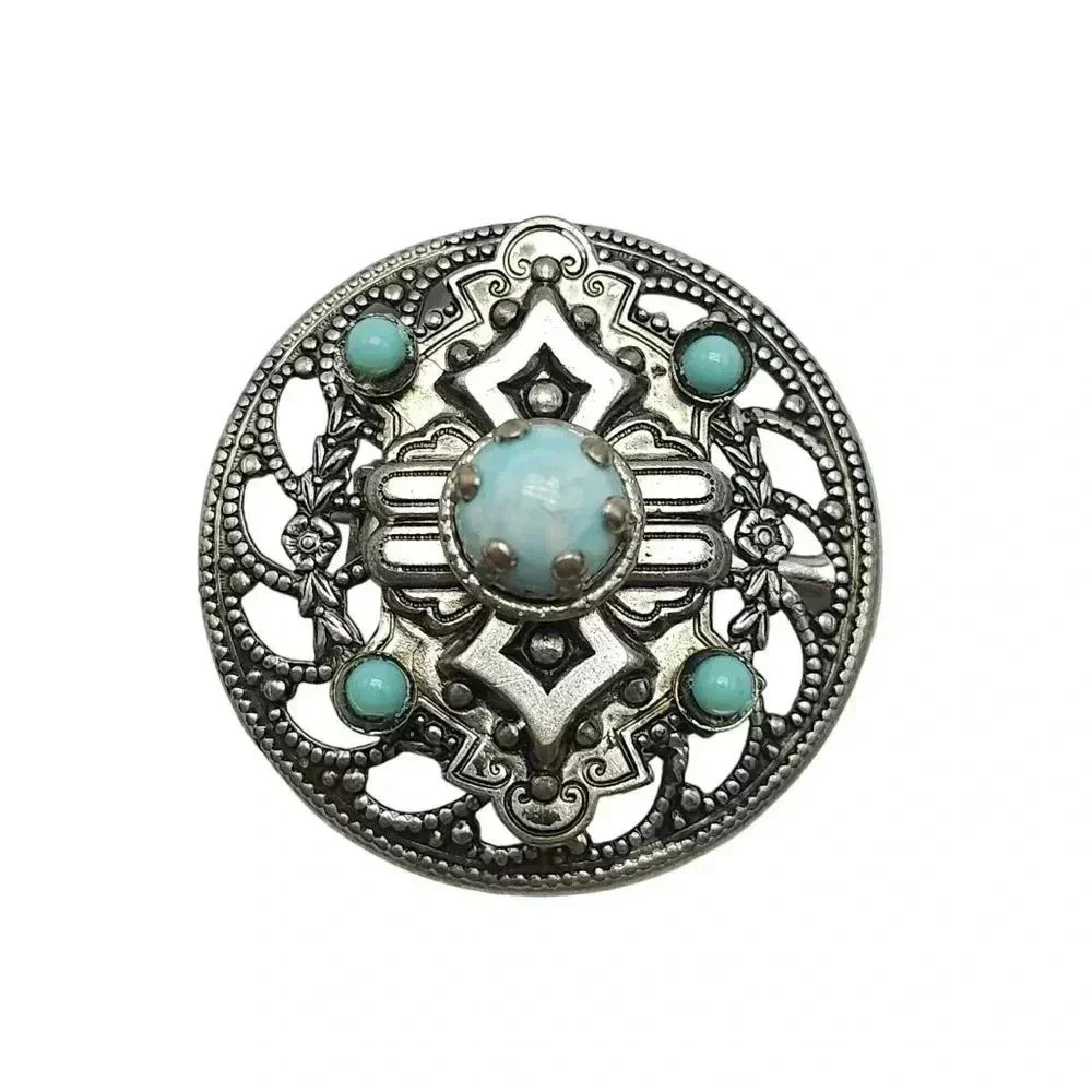 Blue Art Glass Flower Medallion Openwork Brooch Pin Silver Tone Vintage